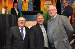 From left: Brother Michael Quirk, FSC, of Christian Brothers Services, Saturday's keynote speaker, Brother Armin Luistro, FSC, secretary of the Department of Education, Philippines and Mark Freund, Executive Director of the Office for Lasallian Education