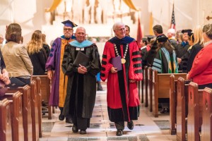 (From left) Brother Thomas Johnson, FSC, and Saint Mary's College of California President James Donahue, during the Commencement Mass. Courtesy Saint Mary's College of California