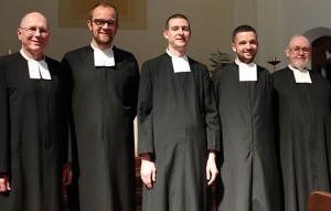 Brother Ryan Anderson, FSC, Brother Johnathon Emmanuelson, FSC, and Brother Javier Hansen, FSC, from left, middle three, conclude their novitiate year with Regional Novitiate Director Brother Tom Johnson, FSC, left, and Regional Novitiate Sub-director Brother Tom Westberg, FSC, right. They are pictured in the chapel at Mont La Salle in Napa, California, where Brother Javier professed first vows. Courtesy Brother James Joost, FSC