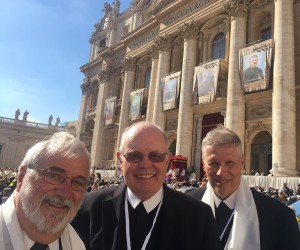 From left, Brothers Peter Tripp, [Thomas Hetland Kenneth Arnold] celebrate the canonization at Saint Peter’s Square. Courtesy Christian Brothers Services